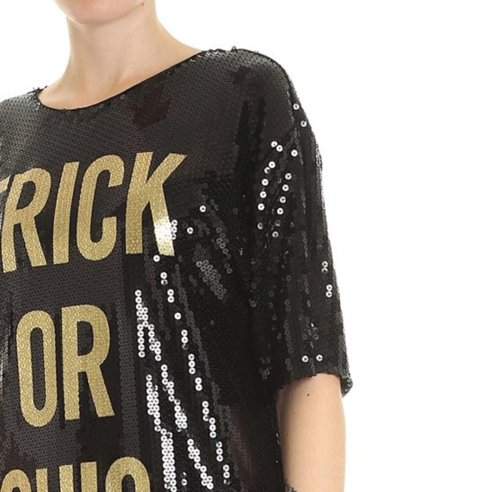 NWT Moschino TRICK OR CHIC black & gold sequin mini holiday dress - Picture 7 of 11